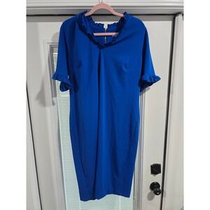 Royal Blue Ruffle Neck Sheath Dress Short Sleeve Gold Back Zip Knee Length
